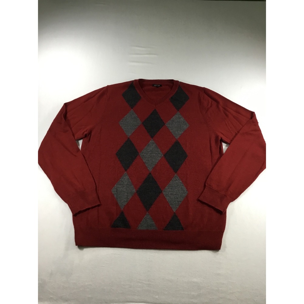 Apt.9 Mens M V-Neck Fall Sweater Preppy Argyle Burgundy Merino Wool Blend Office